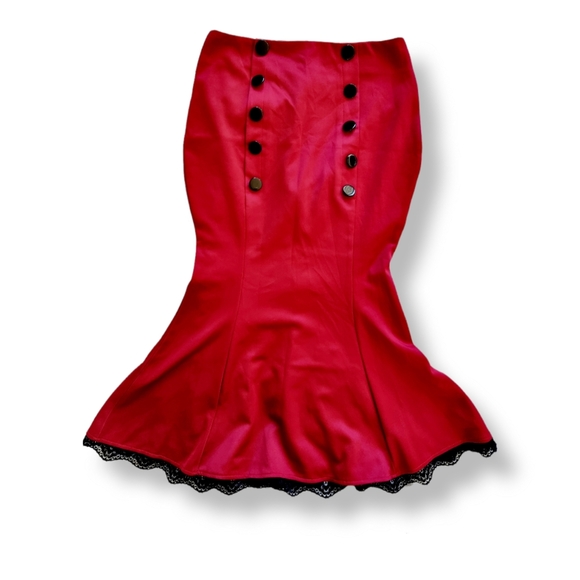 Deep red, satin-look, low sitting mermaid, pencil, knee length skirt AU 8-10 - Picture 4 of 11